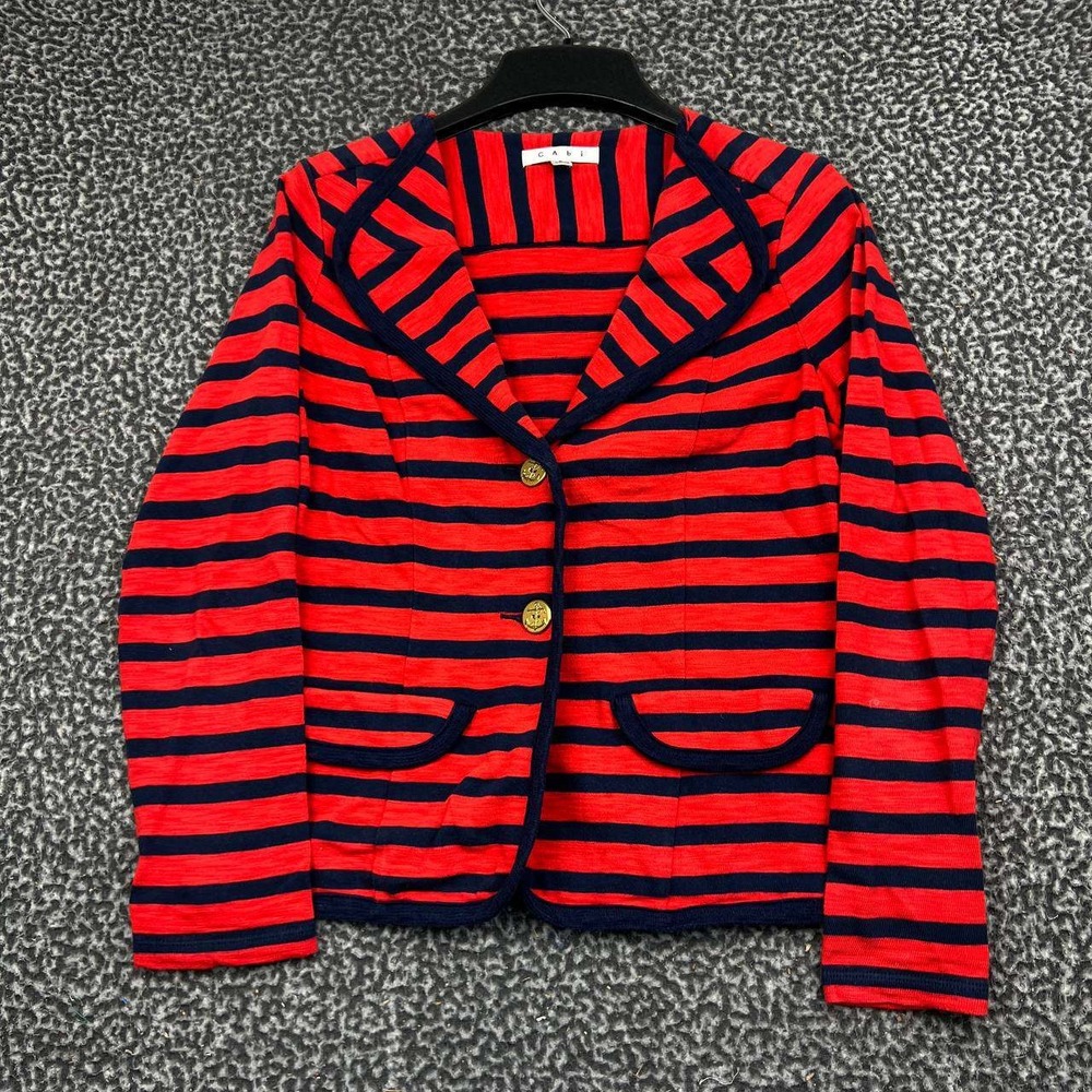 Cabi Blazer Jacket Red Navy Blue Striped Cotton Knit Small Nautical Gold Button
